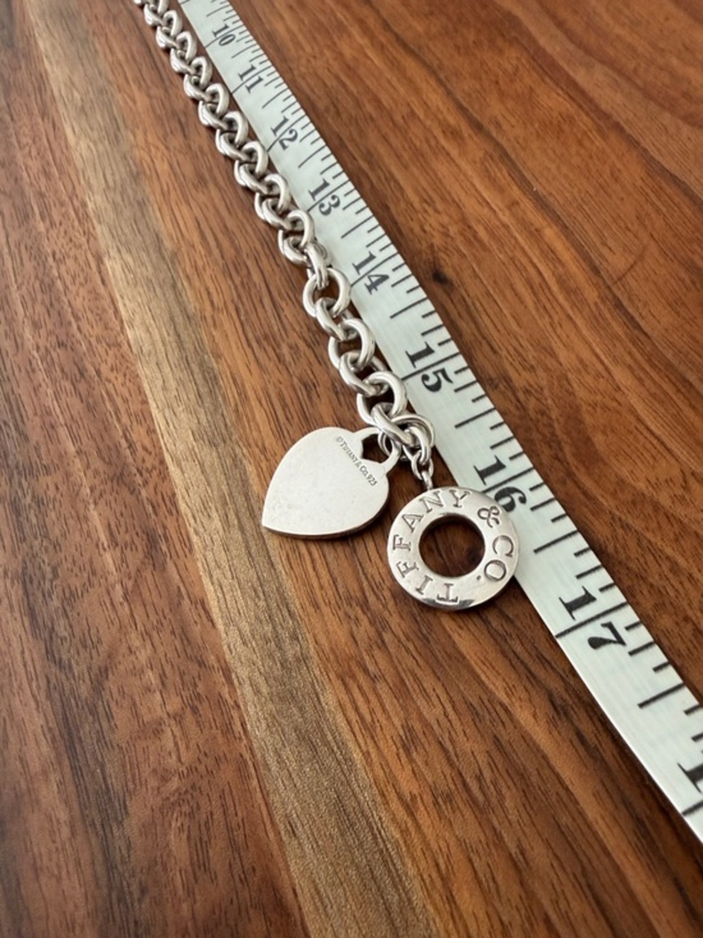 Tiffany & Co. Sterling Silver Heart and Logo Ring Charm Necklace - 925 16”